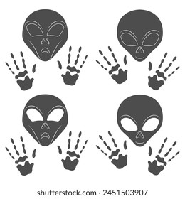 Set of black and white illustration with alien face and hands. Isolated vector object on white background.