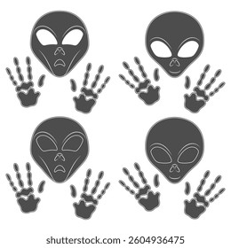 Set of black and white illustration with alien face and hands. Isolated vector object on white background.