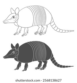 Set of black and white illustration with an armadillo. Isolated vector objects on white background.