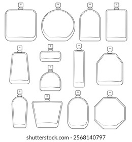 Set of black and white illustration with bottle of perfume spray. Isolated vector object on white background.