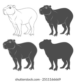 Set of black and white illustration with capybara. Isolated vector object on white background.