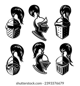 Set of black and white illustration of knight helmet. Warrior helmet. Design element