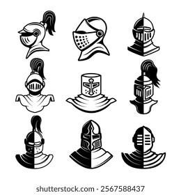 Set of black and white illustration of knight helmet. Warrior helmet. Design element