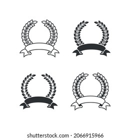 Set of black and white illustration of a laurel wreath, ribbon on a white background. Design element for poster, emblems, icon, stickers and label. Vector illustration. Heraldry.