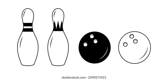 Set black and white illustration of pins and bowling ball. Bowling. For designs team sports and outdoor activity themes.