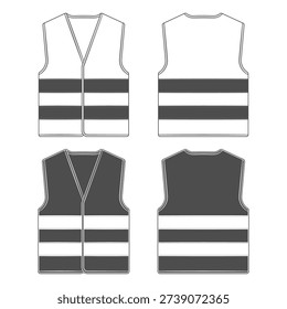 Set of black and white illustration with protective vest with reflective stripes. Isolated vector objects on a white background.