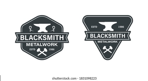 Set of black and white illustrations of anvil, forged patterns, crossed hammers, text and vintage ribbon on a white background. Vector illustration for logo, emblems, stickers. Blacksmith services. 