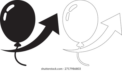 Um conjunto de ilustrações em preto e branco de balões com setas e uma lâmpada em um fundo branco puro, isolado no fundo branco