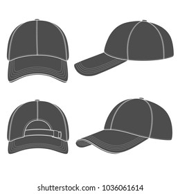 Set of black and white illustrations with a baseball cap. Isolated vector objects on white background.