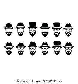 Conjunto de ilustraciones en blanco y negro de hombres barbudos con diferentes sombreros y gafas aislados sobre fondo blanco