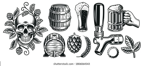 A set of black and white illustrations for beer theme, isolated on white background.