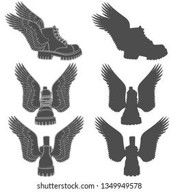 Set of black and white illustrations of boots with wings. Isolated vector objects on white background.