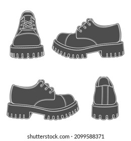 Set of black and white illustrations with boots. Isolated vector objects on white background.