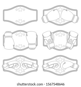 Set of black and white illustrations with boxing gloves and a winner's belt. Isolated vector objects on a white background.