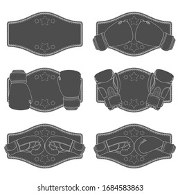 Set of black and white illustrations with boxing gloves and a winner belt. Isolated vector objects on a white background.