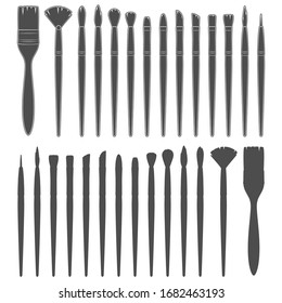 Set of black and white illustrations with brushes for painting. Isolated vector objects on a white background.