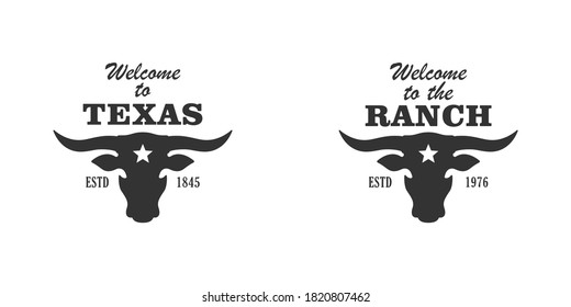 Set of black and white illustrations of bull, star, text on white background. Vector illustration of cattle breeding. Texas Ranch logo, emblem.