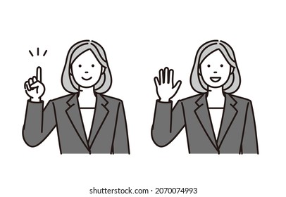 A set of black and white illustrations of businesswomen explaining or greeting each other.Vector data for easy editing.