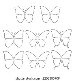 Set of black and white illustrations with a butterfly. Isolated vector objects on a white background.