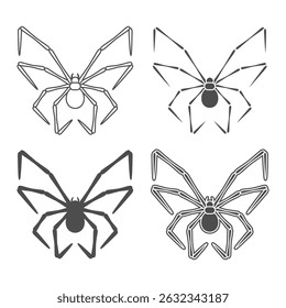Set of black and white illustrations with butterfly shaped spider. Isolated vector objects on white background.