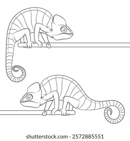 Set of black and white illustrations with a chameleon. Isolated vector object on white background.