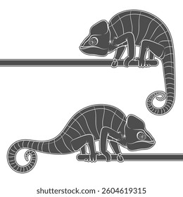Set of black and white illustrations with chameleon. Isolated vector object on white background.