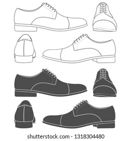 Set of black and white illustrations with classic men's shoes. Isolated vector objects on white background.