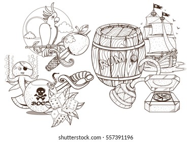 Set of black and white illustrations for coloring outline of pirated items.