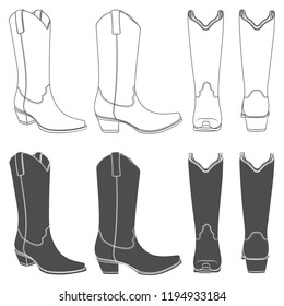 Set of black and white illustrations with cowboy boots. Isolated vector objects on white background.