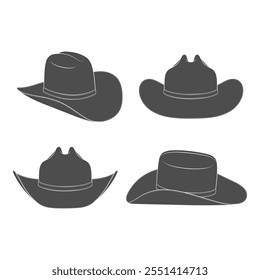 Set of black and white illustrations with cowboy hat. Isolated vector objects on white background.