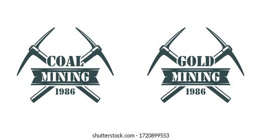 Set of black and white illustrations of crossed pickaxes, text on a white background. Vector illustration on the theme of gold and coal mining. Mineral mining company logo.