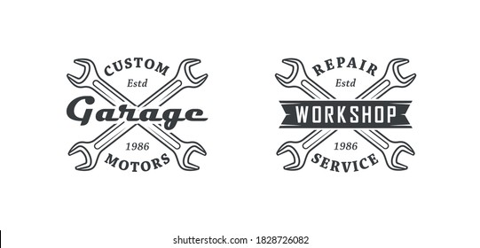 Set of black and white illustrations of crossed wrenches, vintage ribbon and text on a white background. Vector illustration for logos, emblems. Service and repair. Advertising garage, workshop.