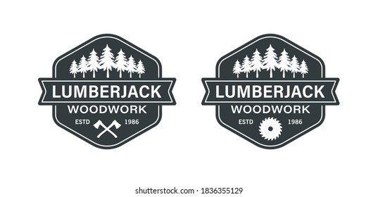 Set of black and white illustrations of crossed axes, forest, circular saw, text on white background.Vector illustration in vintage style with grunge texture for logo, emblem.Lumberjack logo.Woodwork.