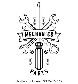 Set of black and white illustrations of crossed wrenches