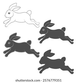 Set of black and white illustrations with cute jumping bunny. Isolated vector objects on white background.