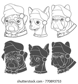 Set of black and white illustrations of cute dogs in Christmas hats. Isolated vector objects on white background.