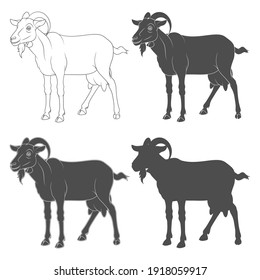 Set of black and white illustrations depicting a goat. Isolated vector objects on a white background.