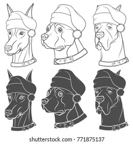 Set of black and white illustrations with dogs in Christmas hats. Isolated vector objects on white background.