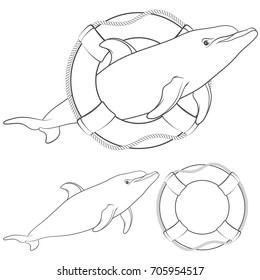 Set of black and white illustrations with a dolphin and a life buoy. Isolated objects on white background.
