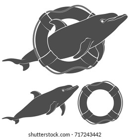 Set of black and white illustrations with a dolphin and a life buoy. Isolated objects on white background.