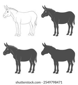 Set of black and white illustrations with donkey, mule. Isolated vector objects on a white background.