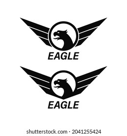 Set of black and white illustrations of an eagle head in a circle, wings and text on a white background. Design element for print, badge, emblem, label and sticker. Vector illustration. Eagle symbol.
