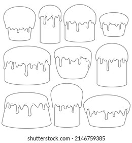 Set of black and white illustrations with Easter cakes. Isolated vector objects on a white background.