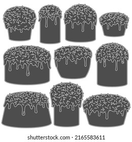Set of black and white illustrations with Easter cakes. Isolated vector objects on a white background.