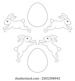 Set of black and white illustrations with Easter bunny and eggs. Isolated vector objects on white background.
