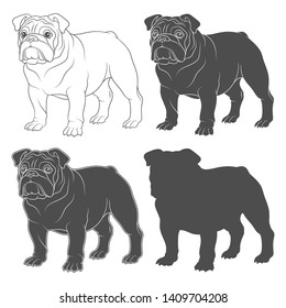 Set of black and white illustrations with english bulldog. Isolated vector objects on white background.