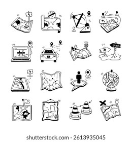Set of black and white illustrations features various hand drawn icons related to navigation, travel, and mapping.