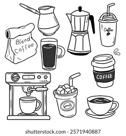 Set of black and white illustrations featuring coffee-related items such as cups, machines, and containers. Perfect for themes related to beverages, cafes, or coffee culture.