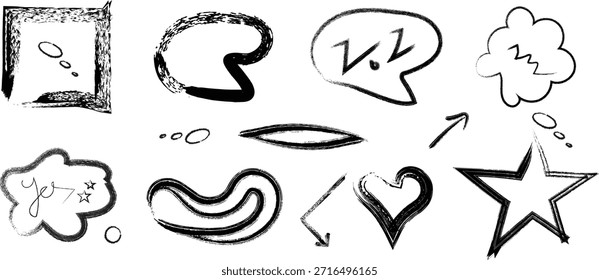 Un conjunto de ilustraciones en blanco y negro con varias burbujas de discurso y garabatos de estilo emoticono sobre un fondo blanco liso.