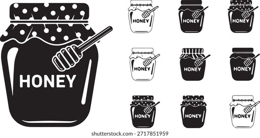 A set of black and white illustrations featuring honey jars and honey dippers, showcasing different designs and patterns.